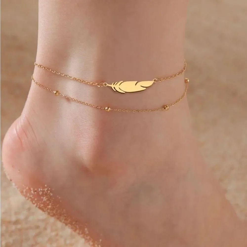 Gold Feather Double Chain Anklet - Women Jewelry R362
